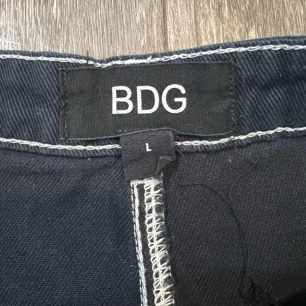 Urban Outfitters Black Denim Mini Cargo Skirt BDG Contrast Stitching Punk Skater